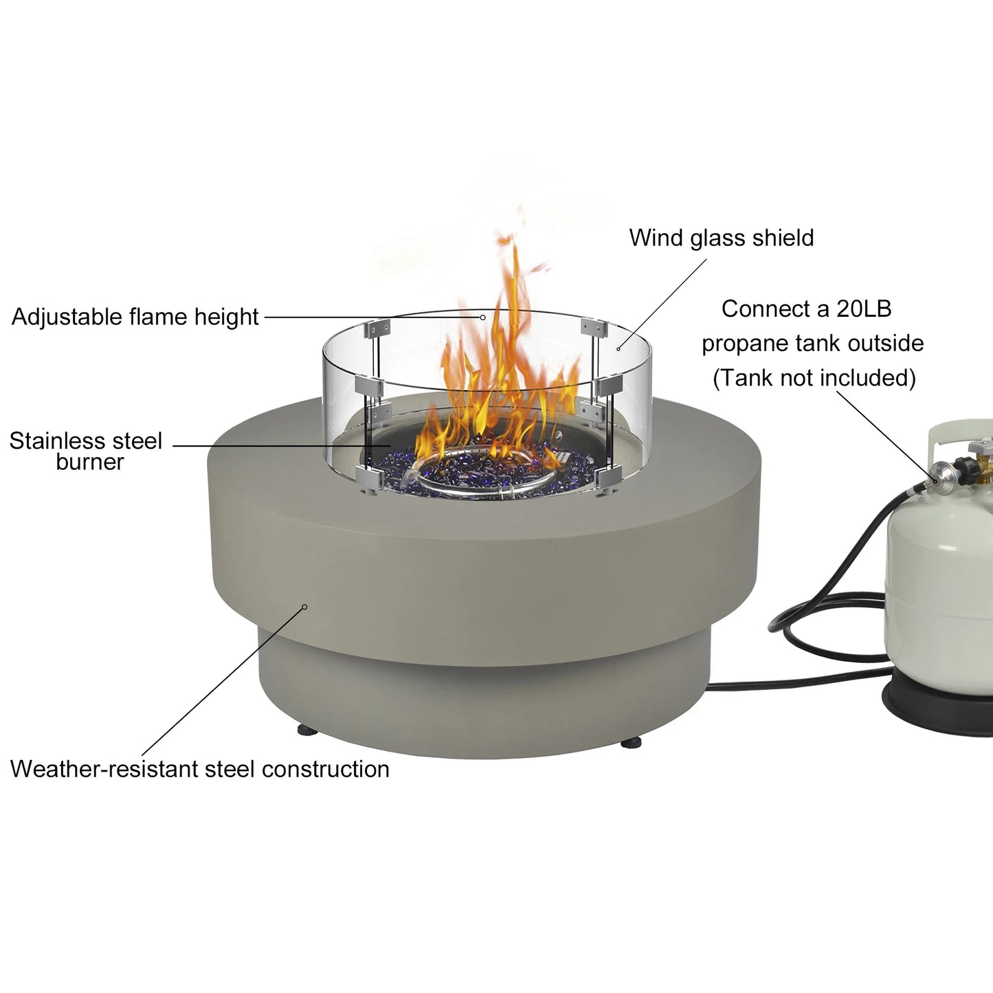 BAIDE HOME 32.5" Square Steel Low Profile Gas Fire Pit Table, 50,000 BTU Outdoor Propane Fire Pit with Lid, Glass Rocks, Cover, Pre-attached 10ft Propane Hose