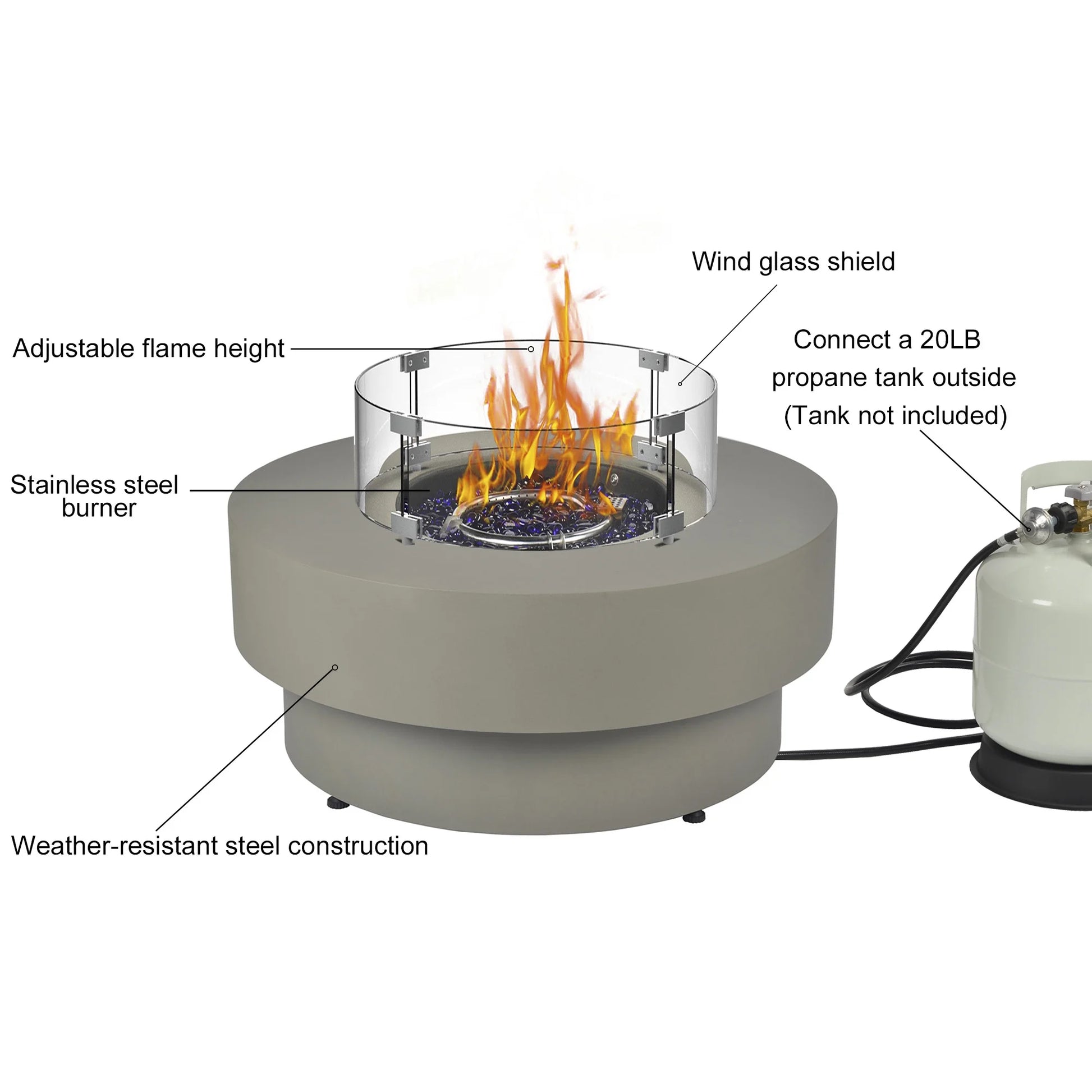 BAIDE HOME 32.5" Square Steel Low Profile Gas Fire Pit Table, 50,000 BTU Outdoor Propane Fire Pit with Lid, Glass Rocks, Cover, Pre-attached 10ft Propane Hose