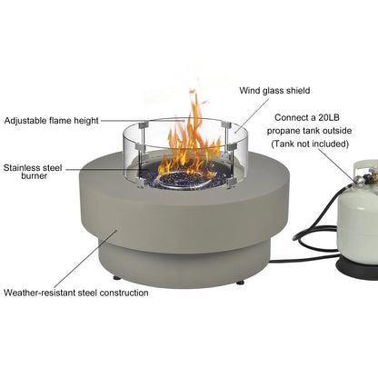 BAIDE HOME 32.5" Square Steel Low Profile Gas Fire Pit Table, 50,000 BTU Outdoor Propane Fire Pit with Lid, Glass Rocks, Cover, Pre-attached 10ft Propane Hose