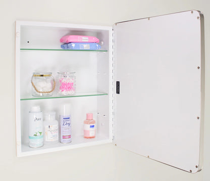 16x20 Austin Farmhouse Metal Framed Rounded Rectangle Recessed Bathroom Medicine Cabinet, Beveled Mirror, 14x18 in-Wall Opening, Powder-coated Steel, Adjustable Glass Shelves, Magnet Close, White