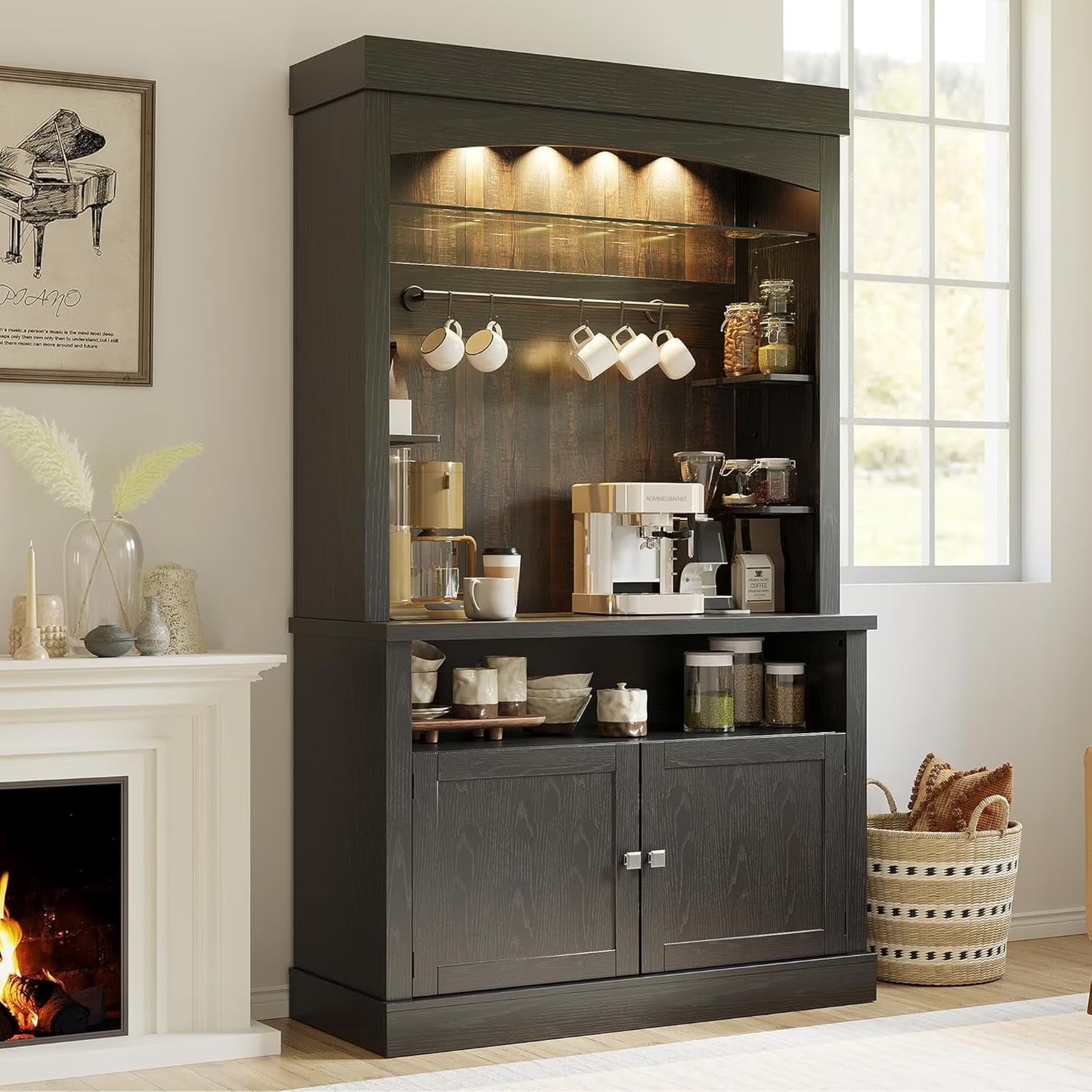 GarveeHome 72" Tall Coffee Bar Cabinet with LED Lights, Farmhouse Buffet Cabinet with Storage, Kitchen Sideboard with Microwave Stand, Wine Rack, and Glass Shelf for Dining Room, Dark Oak