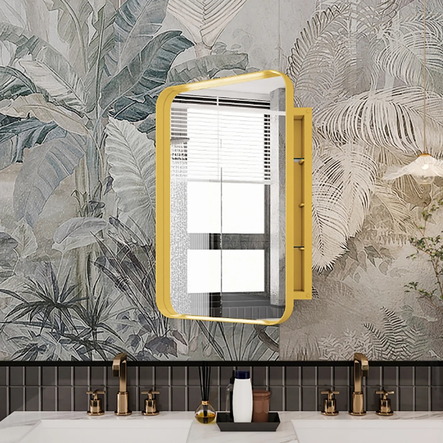 16x24 Inch Bathroom Mirror Cabinet with Adjustable Glass Shelves, Recessed Metal Framed Medicine Cabinet for Storage, Matte Gold