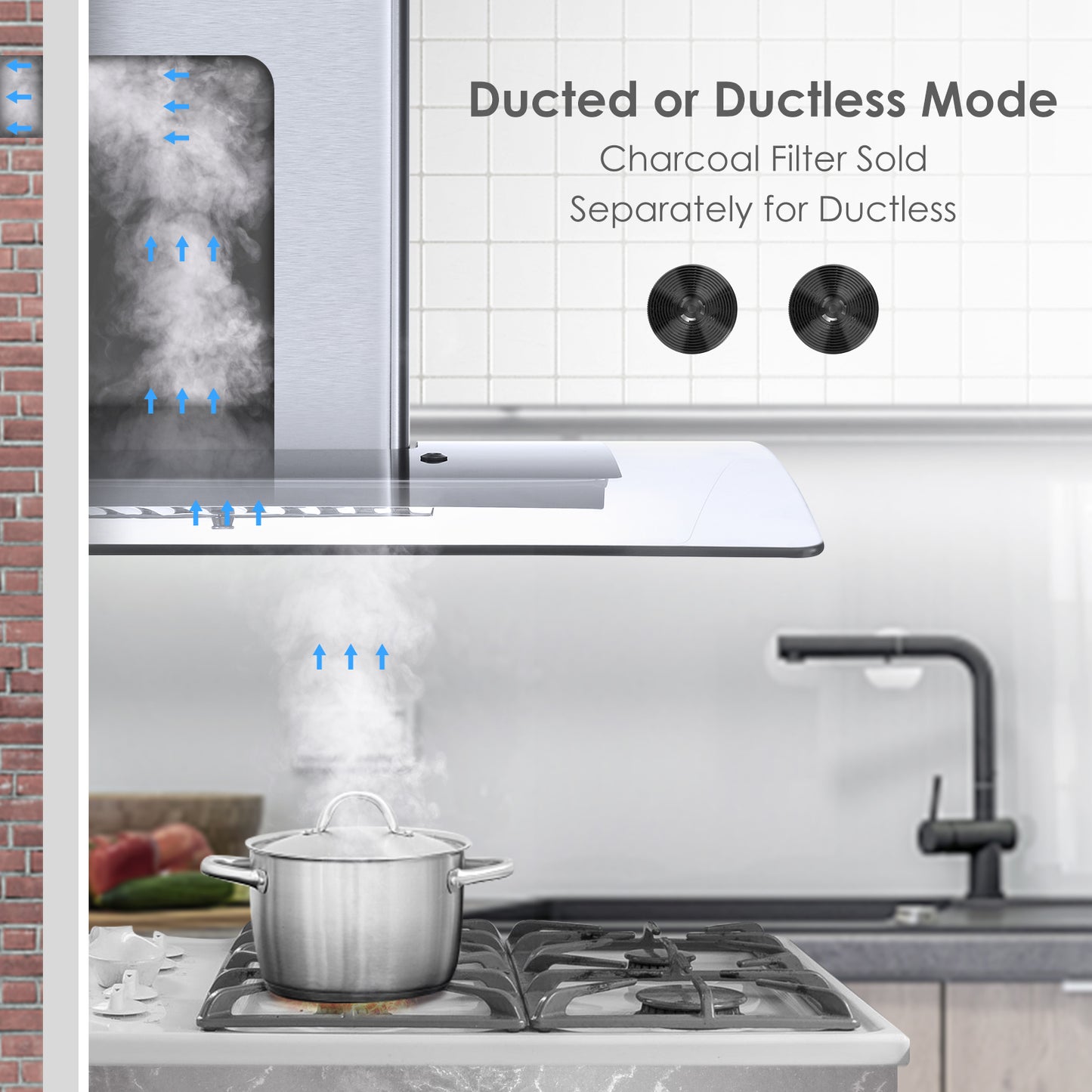 30 inch 450CFM Wall Mount Range Hood Tempered Glass 3-Speed Fan Button Control Baffle Filters