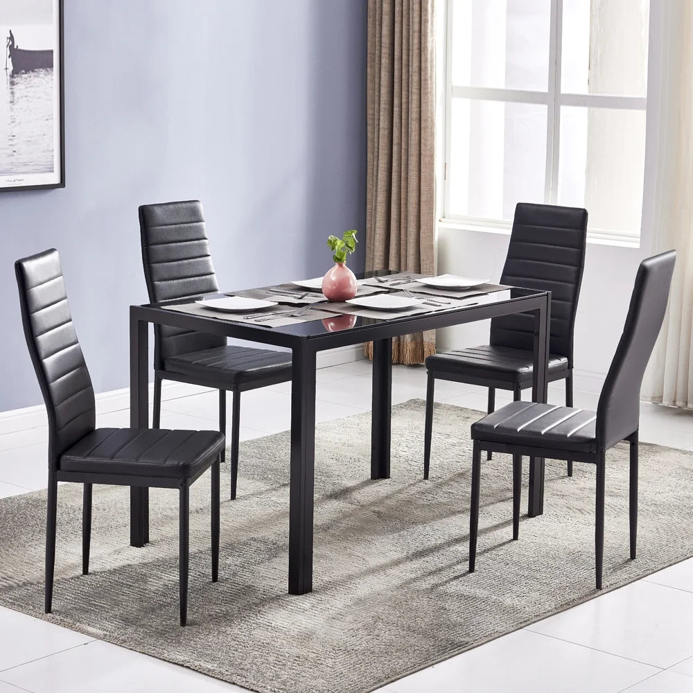 PAPROOS Glass Dining Table, Modern Rectangular Dining Room Table, Kitchen Tempered Glass Dining Table with 4 Square Metal Legs, Heavy Duty Dinette Table for 4, Black