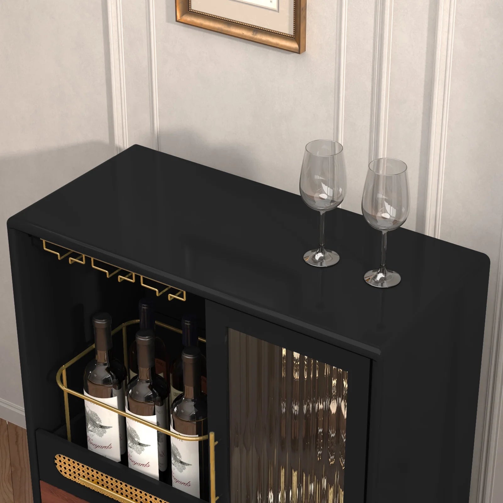 CBJCBJ Wine Bar Cabinet, Modern Coffee Cabinet with 3 Rows of Glass Racks, Sideboard Cabinet, Black