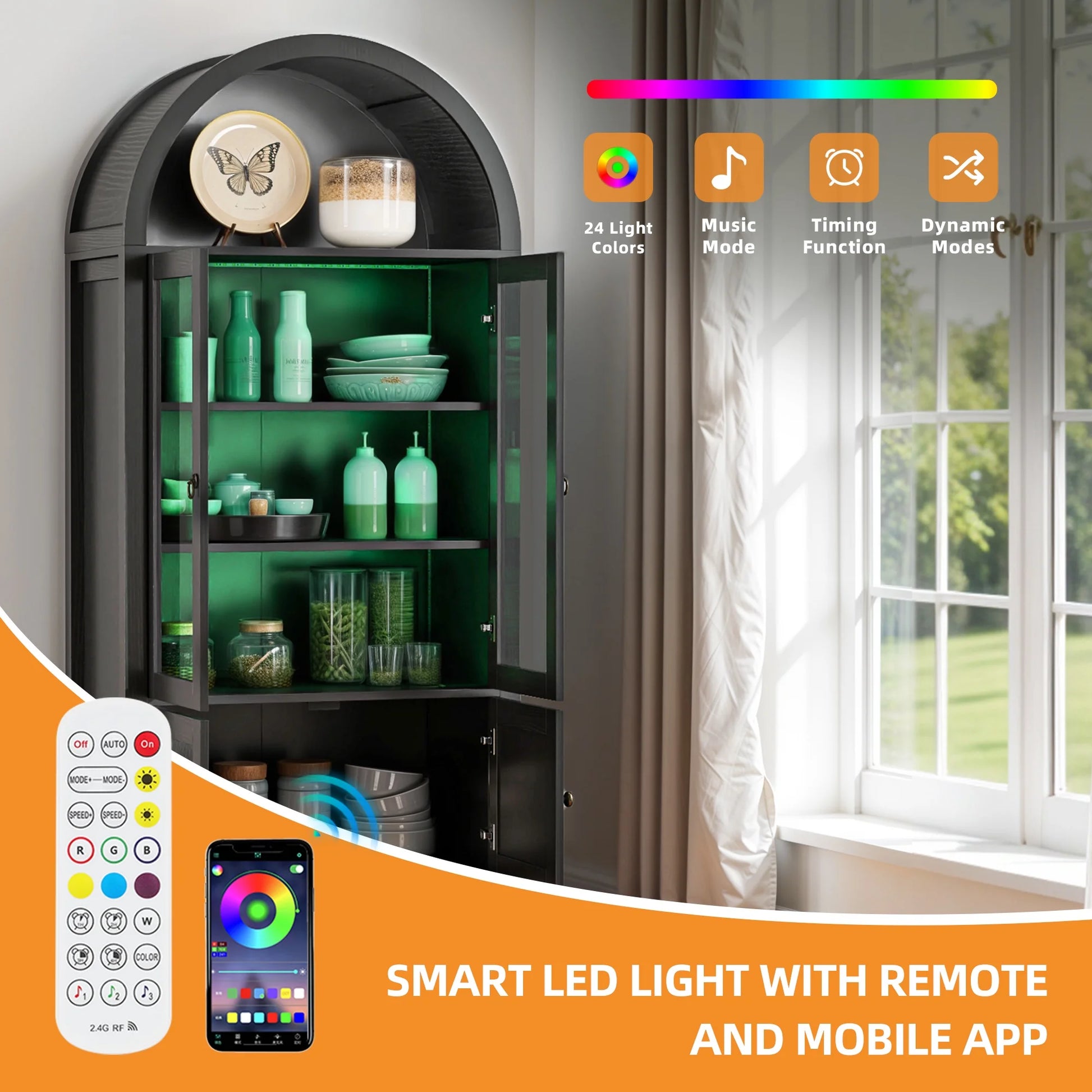 Craftian Arched Kitchen Pantry Storage Cabinet with LED Lights & Glass Doors, Display Cabinet, Natural