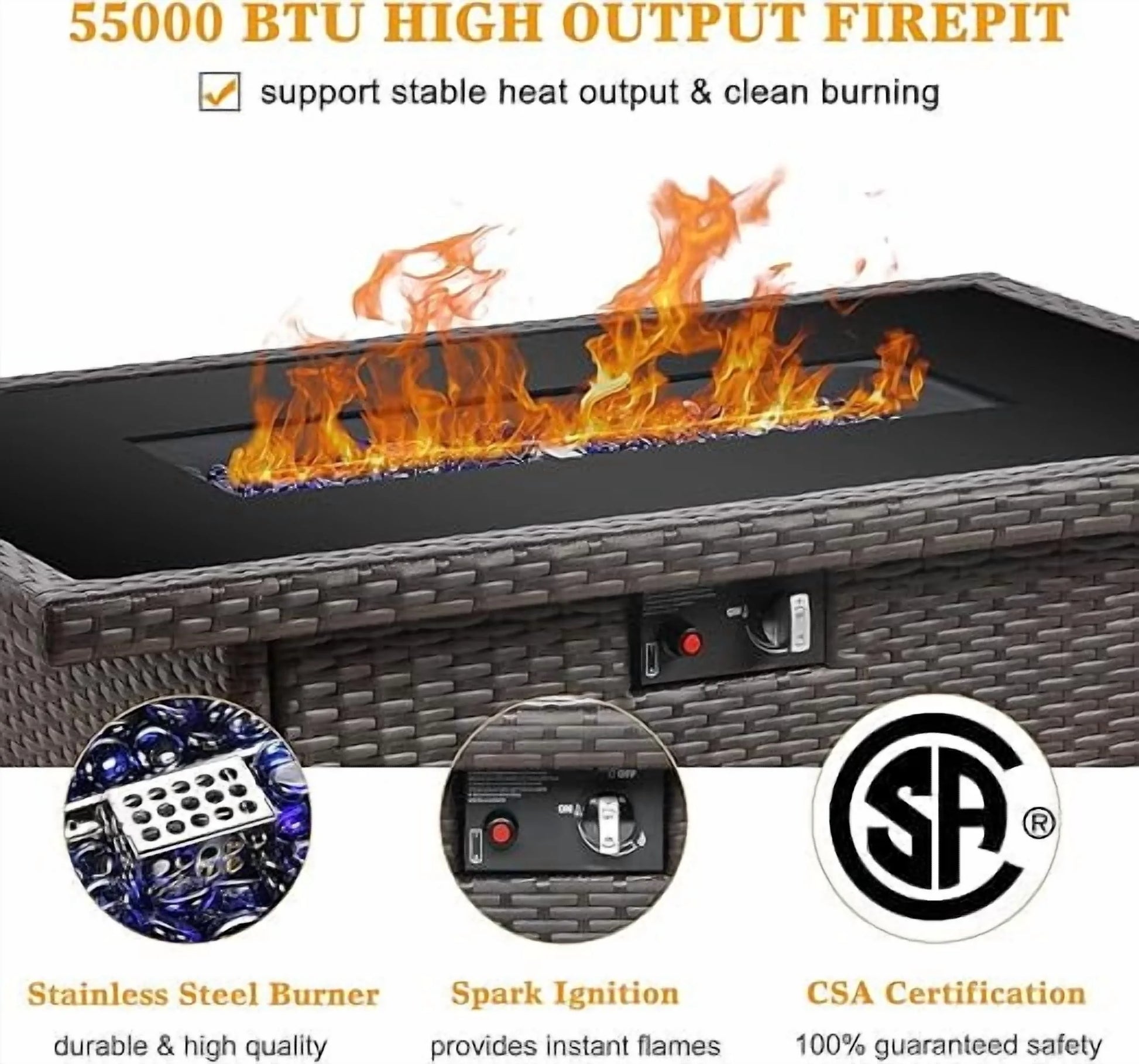 LayinSun 44" Propane Gas Fire Pit Table, 55000 BTU Rectangular Fire Pit with Glass Wind Guard for Outside Patio Deck Garden Backyard