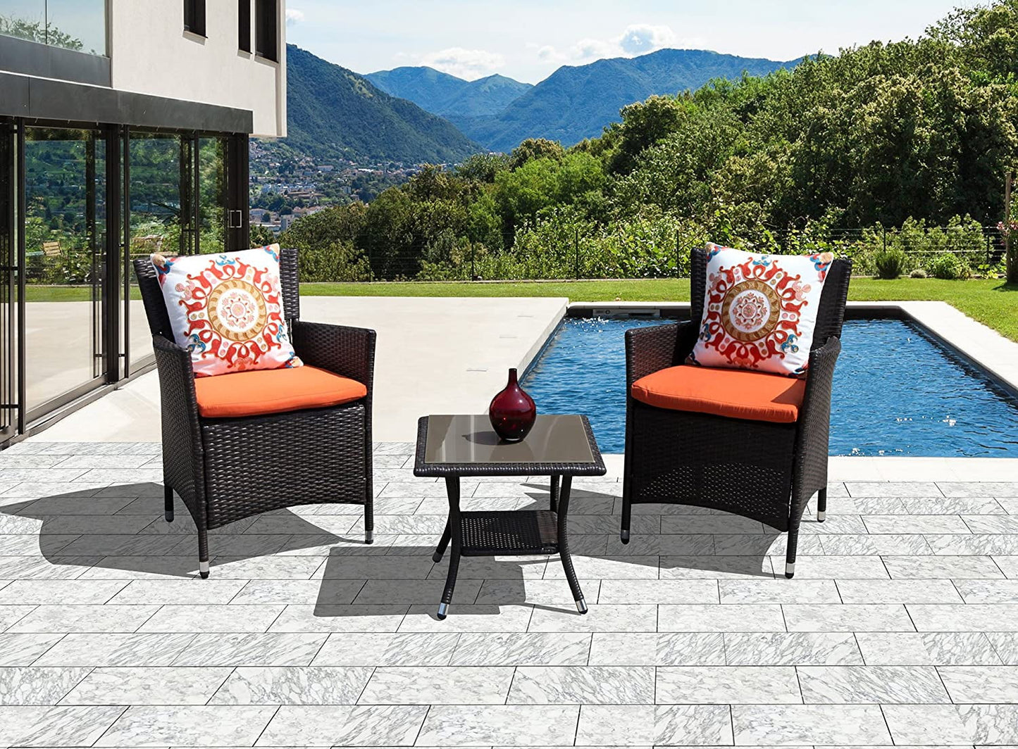 Outdoor End Table Rattan Square Glass Top, Aluminum Frame, Espresso Brown