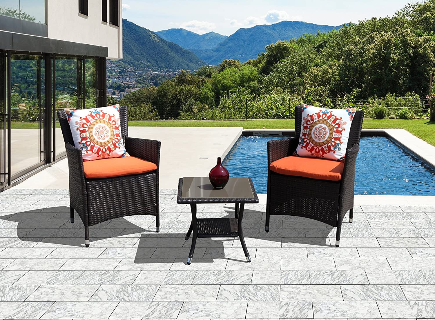 Outdoor End Table Rattan Square Glass Top, Aluminum Frame, Espresso Brown