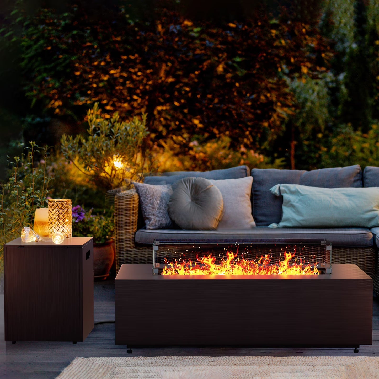 WFUN 43" Outdoor Propane Fire Pit Table with Glass Wind Guard & Cover for Garden, Pool, Backyard, CSA certification, Brown