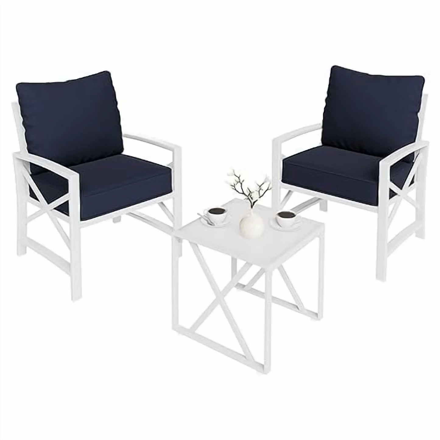 SUNLEI 3 Pcs Patio Outdoor Furniture Set, Porch Chairs Conversation Sets with Glass Coffee Table, Outside Metal Sofa Set for Garden, Balcony, Poolside, Backyard, Blue