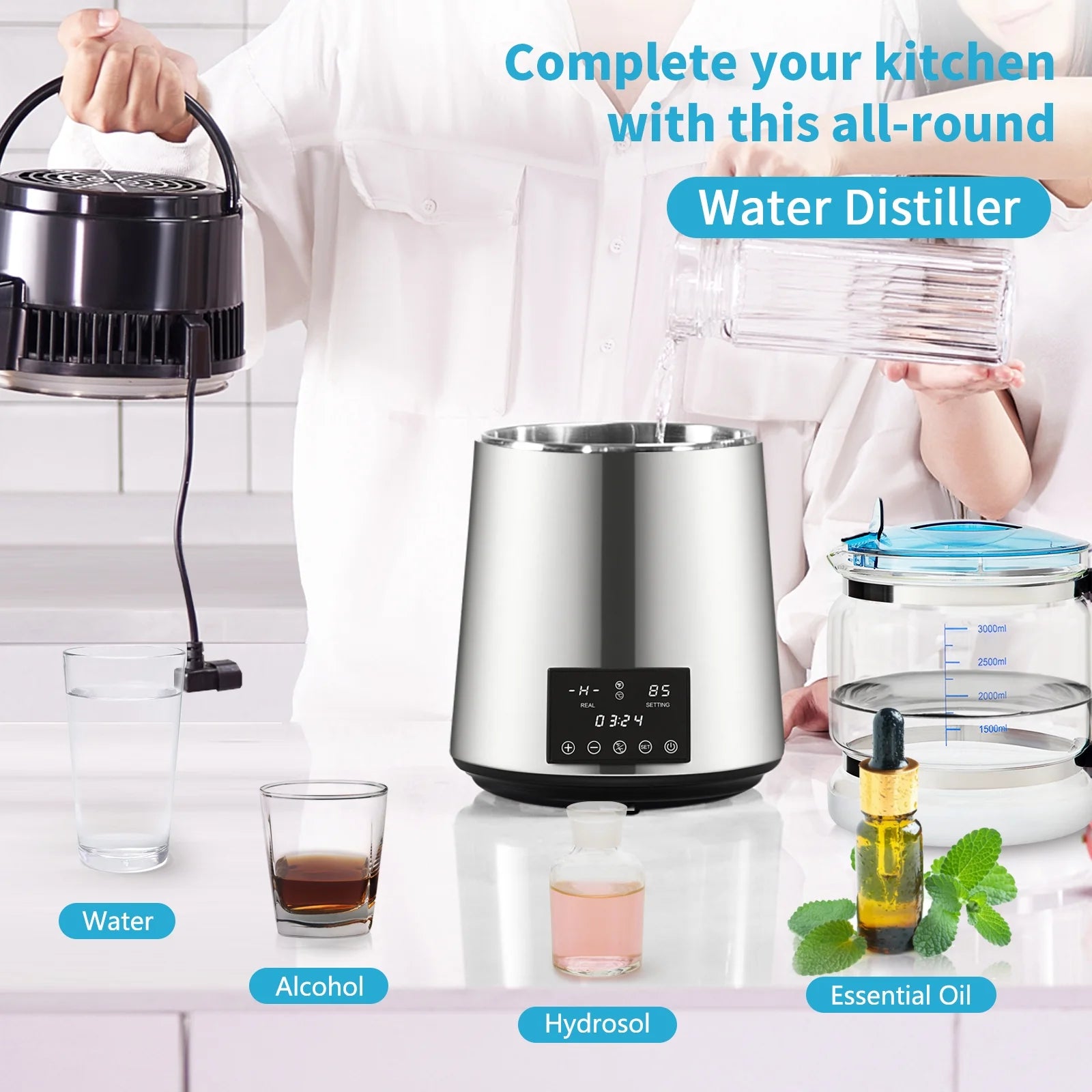 BENTISM 4L 750W Water Distiller with Dual Temp Display & Glass Carafe, Silver