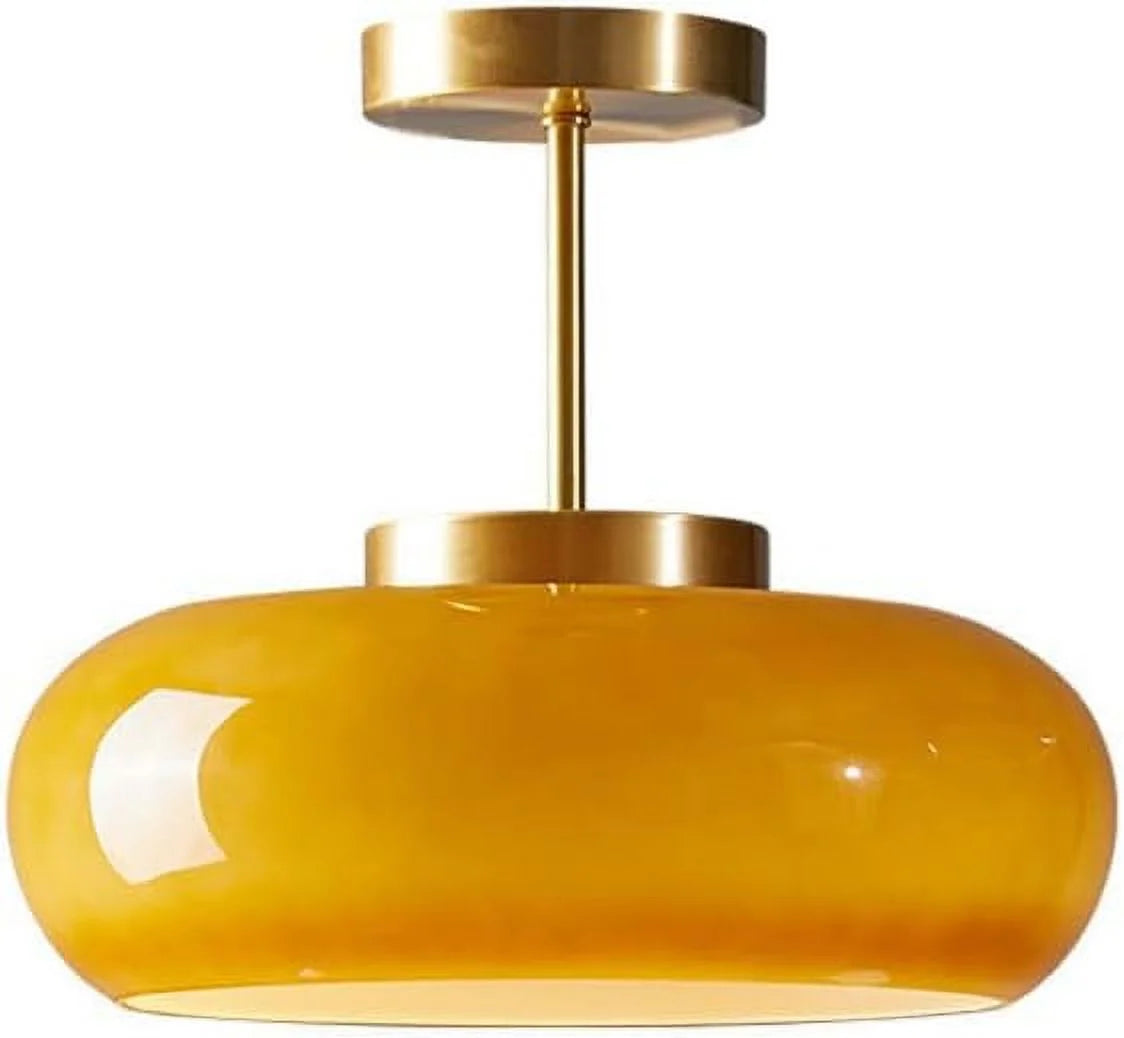 Arturesthome Ceiling Light Fixture Glass Lampshade Pendant Light with Brass Cover Amber Glass Hanging Lamp Vintage Yellow Glass Semi Flush Mount Ceiling Light for Princess Room Cloakroom