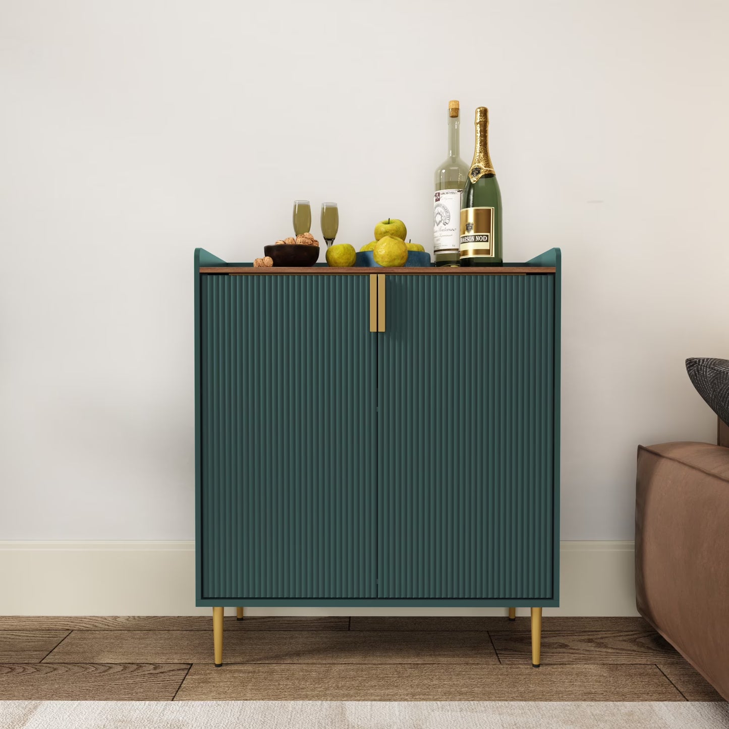 CBJCBJ 32" Wine Bar Cabinet with 2 Door Fluted Texture, Modern Coffee Cabinet with Rack& Glass Holder, Black