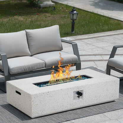ESSENTIAL LOUNGER 56 inch Concrete Propane Fire Pit Table, 50,000 BTU Outdoor Firepit Rectangular Table for Garden& Patio, with Propane Tank Metal Stand, Fire Glass Beads and Waterproof Cover, White