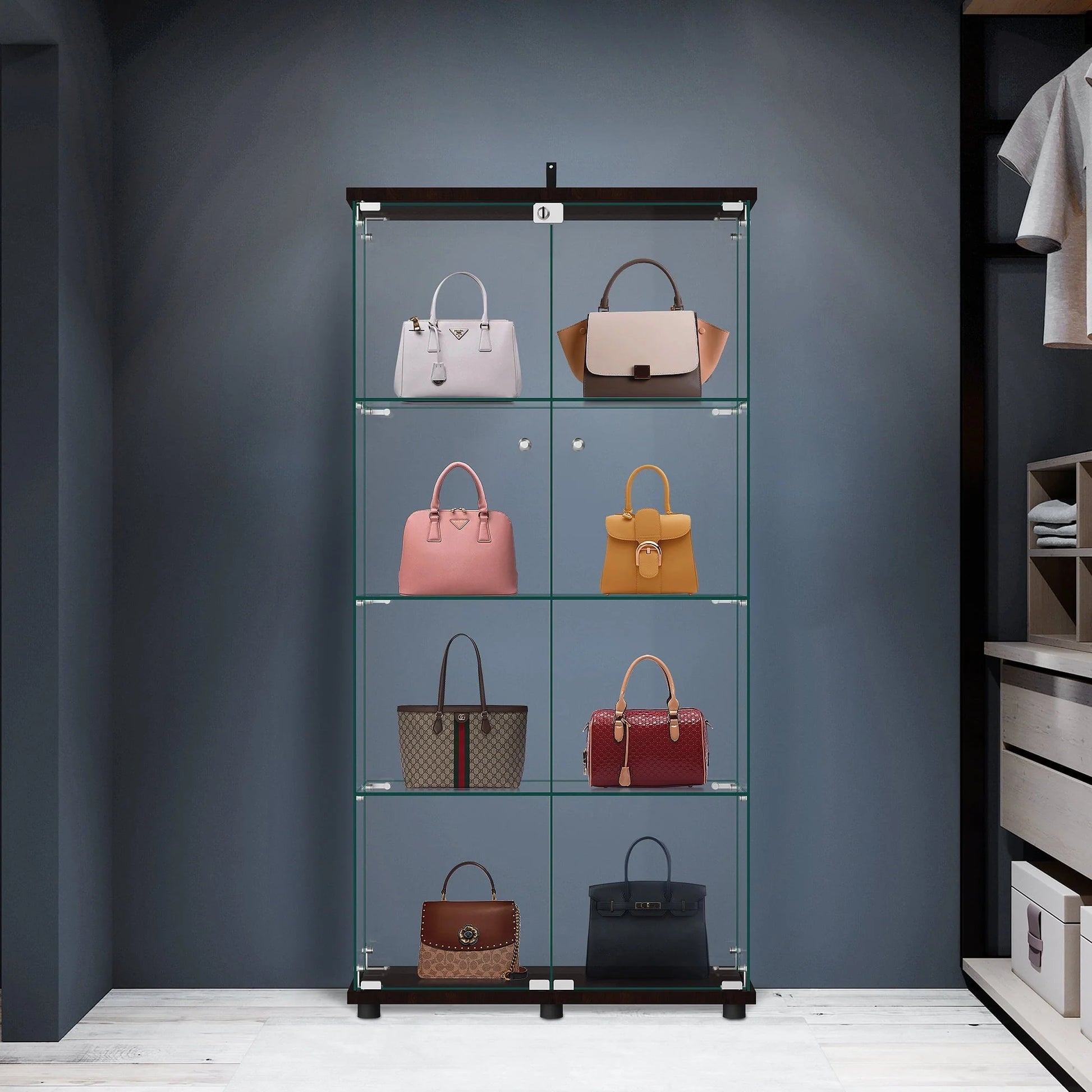 NeuType Glass Display Cabinet Bookcase Glass Frame Bookshelf Brown Double door 64.5"x32"x14.4"