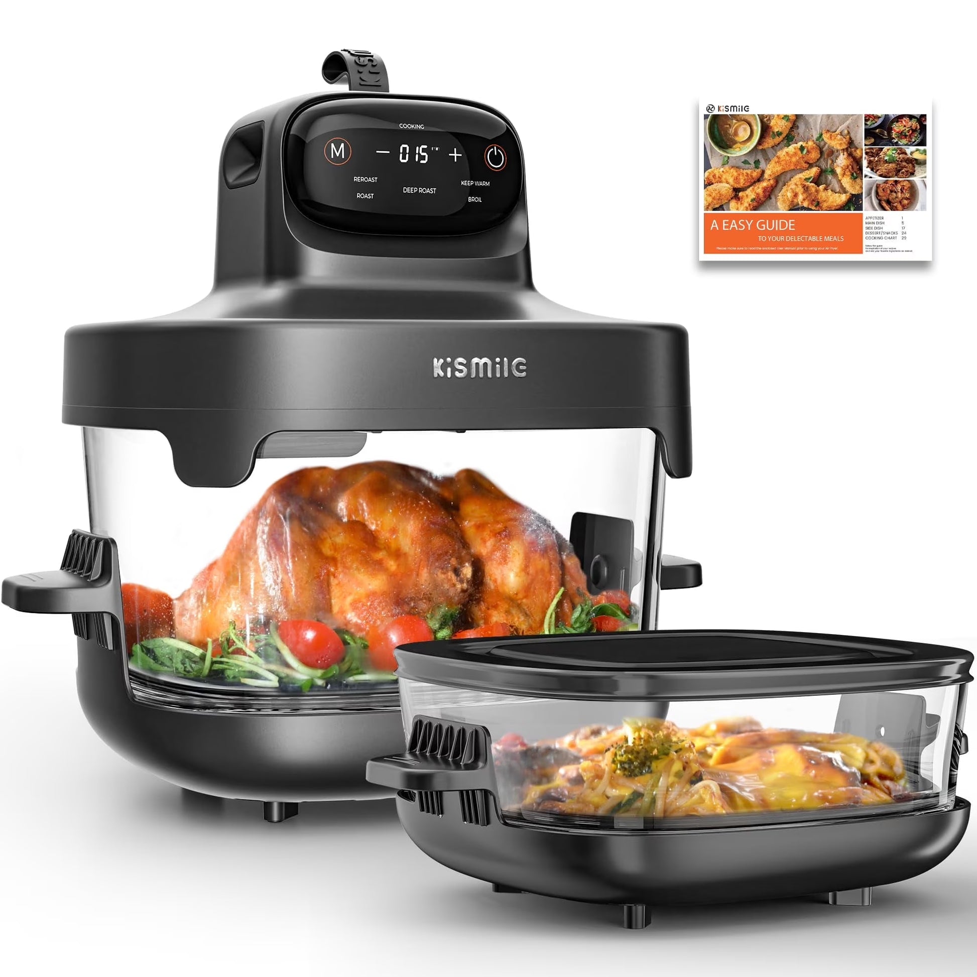 Kismile 5-in-1 Portable Glass Multifunctional Air Fryer with 360° Visualization, 2 Sizes 2.6QT/4.7QT with Lids, 1500W, Refrigerator& Dishwasher Safe