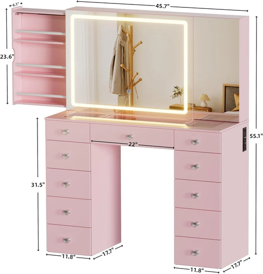 PAKASEPT Vanity Set with Lighted Mirror, Large Vanity Desk with Charging Station, Makeup Vanity Table with 11 Drawers & Hidden Sliding Storage Cabinet & Visible Glass Tabletop for Bedroom (White)