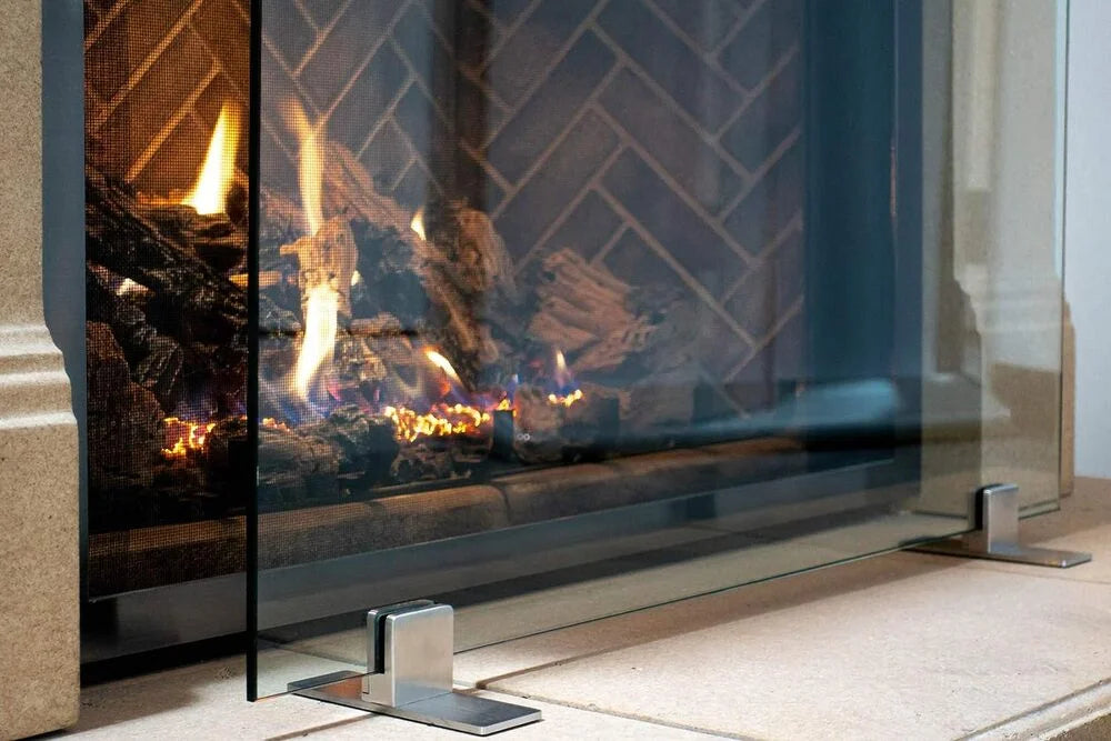 AMS Fireplace | Frameless Glass Fireplace Screen with Stainless Steel Feet | Small (36" x 26") - (Clear Glass, Stainless Steel Feet) - Made in USA