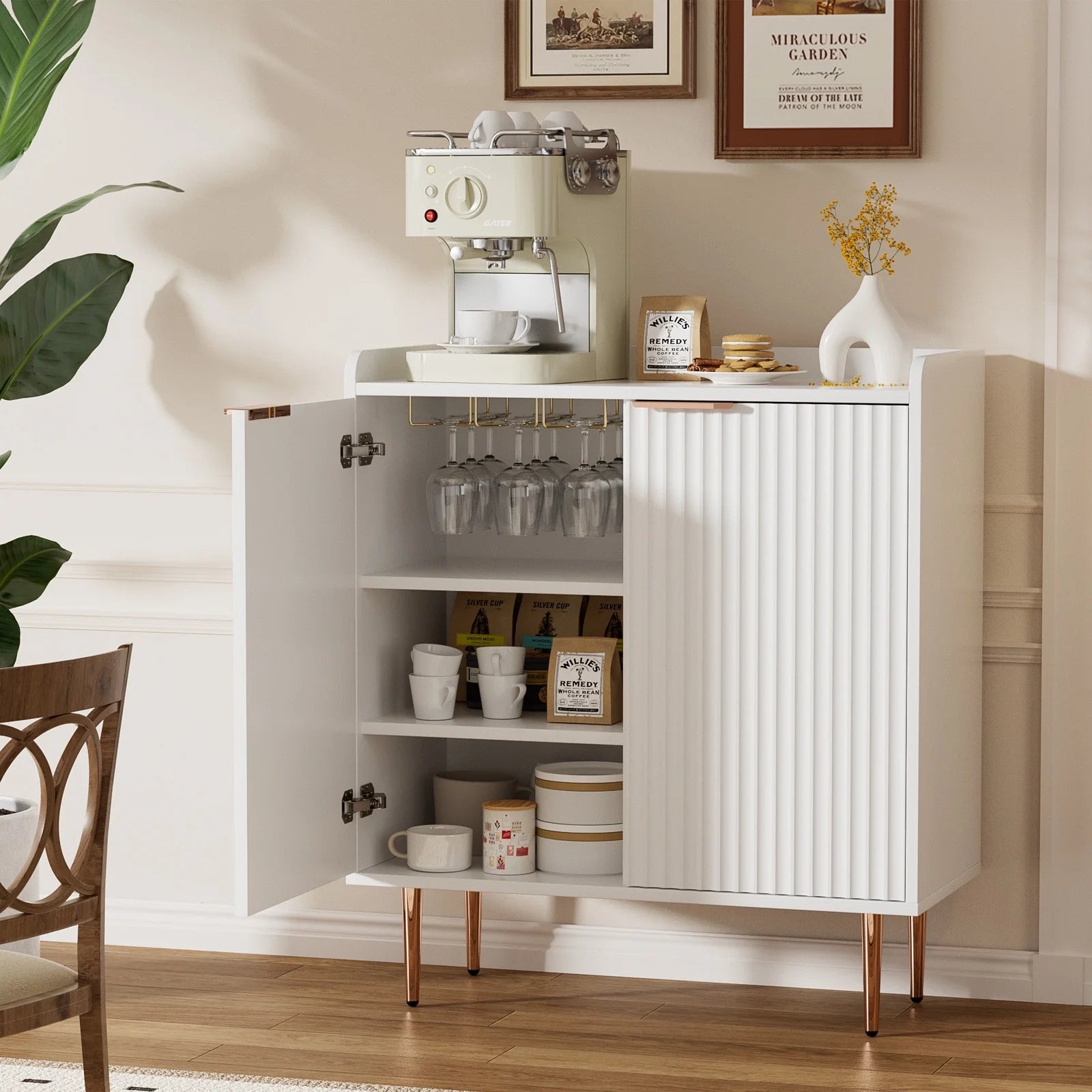 ERYTLLY Coffee Bar Cabinet with Wine Rack & Glass Holder, Kitchen Sideboard Buffet Cabinet with Storage,Wine Bar Cabinet with Fluted Doors for Living Room Dining, White