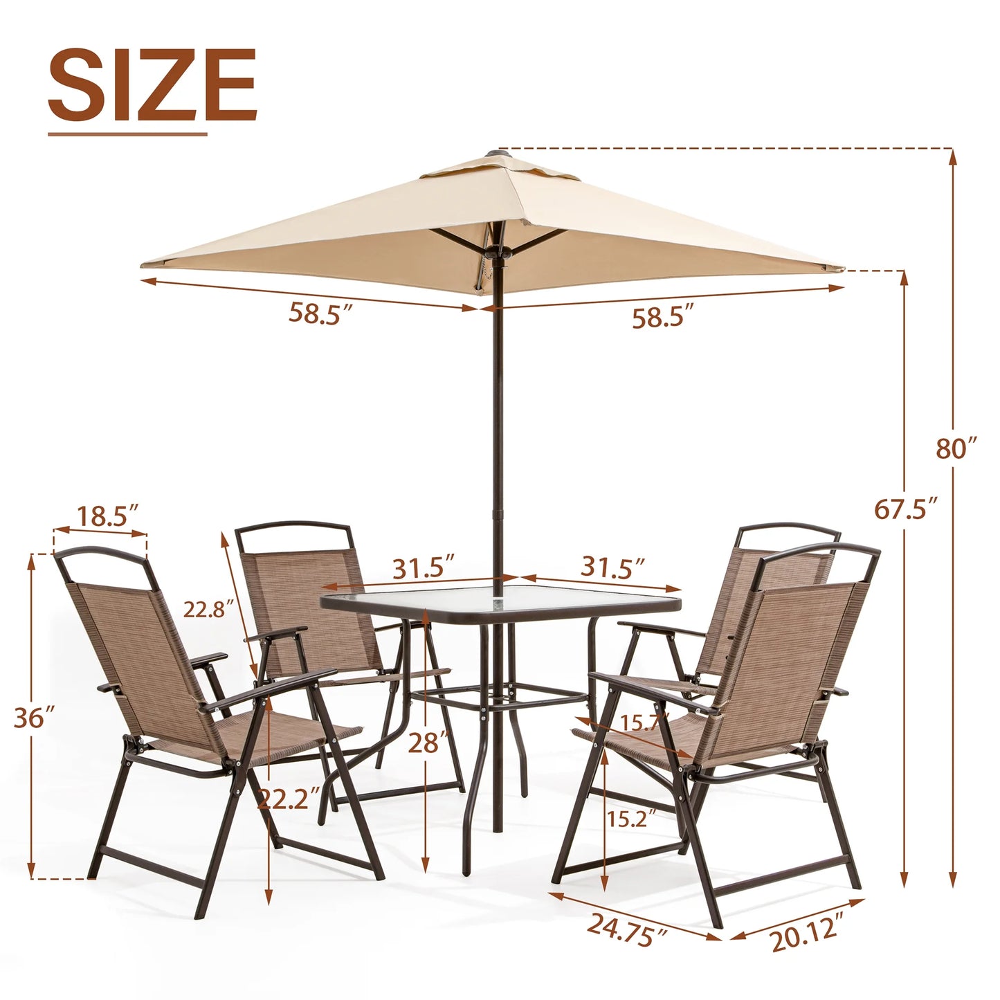 Pellebant 6 Pcs Metal & Glass Patio Dinning Set and Umbrella in Beige