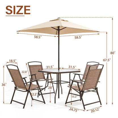 Pellebant 6 Pcs Metal & Glass Patio Dinning Set and Umbrella in Beige