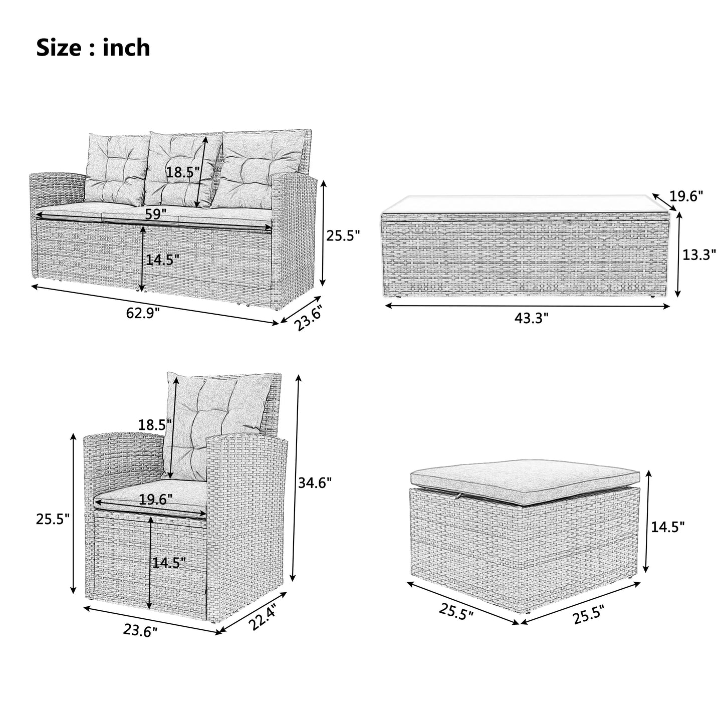 Highsound Patio Furniture Set Sofa 5-Piece Wicker PE Rattan Sectional Sofa Set, Outdoor Furniture Patio Conversation Sofa Set with Glass Coffee Table and Ottoman, Gray