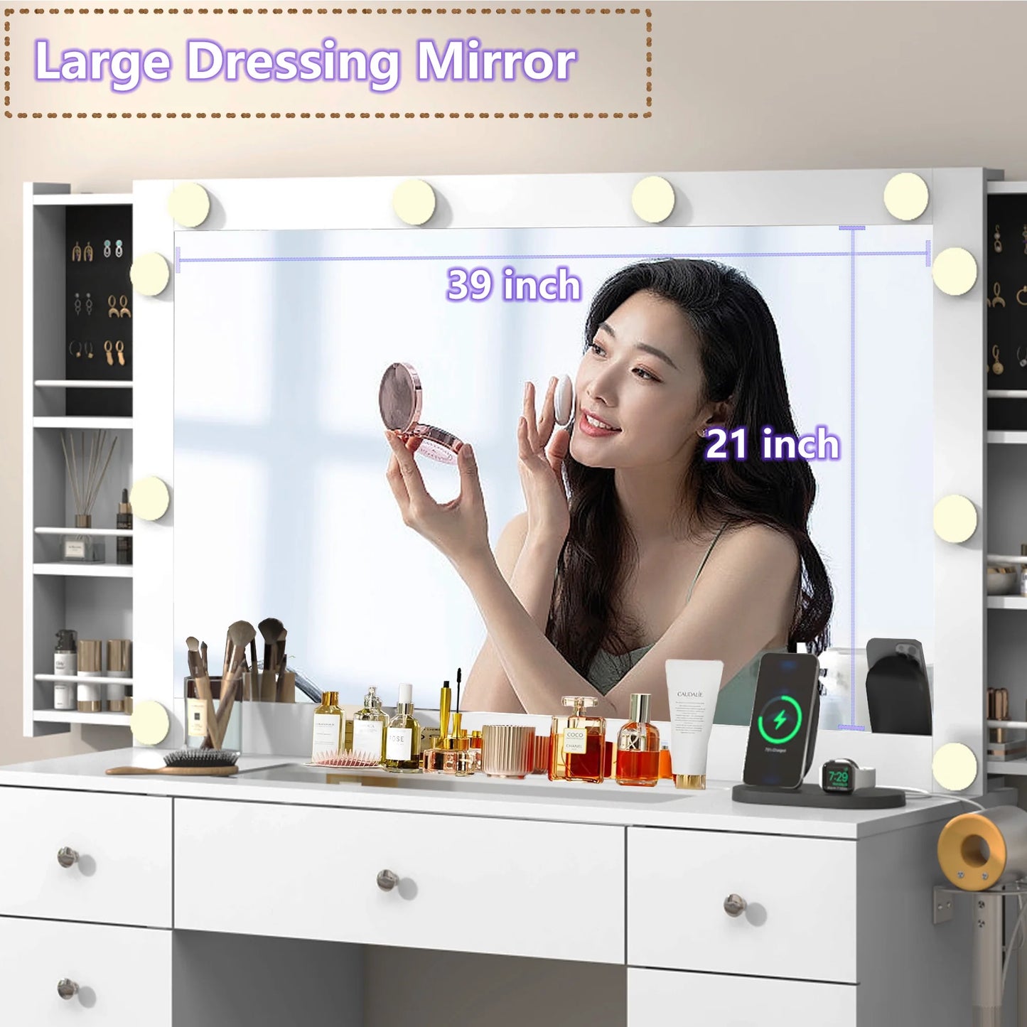 White Vanity Desk with Large Lighted Mirror & Power Outlet, Makeup Vanity Table with Glass Top & Drawers, Sliding Storage, 44.1" Large Makeup Vanity Table for Women Girls, White