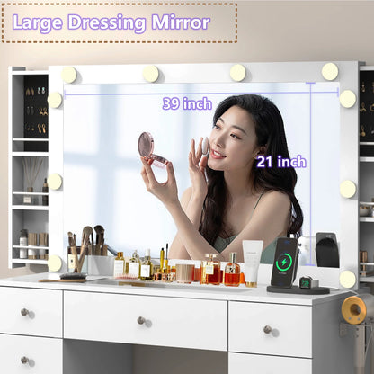 White Vanity Desk with Large Lighted Mirror & Power Outlet, Makeup Vanity Table with Glass Top & Drawers, Sliding Storage, 44.1" Large Makeup Vanity Table for Women Girls, White