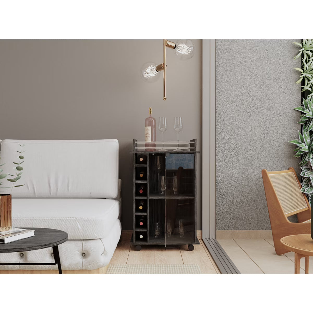 32" H carbon espresso bar-coffee cart, Kitchen or living room cabinet storage with with 4 wheels, with 6 bottle racks, a central shelf covered by 1 glass door, 1 support surface with aluminum front.