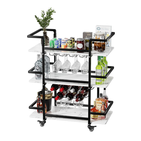 BENOSS 3-Tier Home Bar Cart with Wine Rack and Glass Cup Storage, Mobile Serving Wine Cart on Wheels, Modern Drink Trolley for Coffee Tea Wine, Beverage Bar Table for Home Kitchen Party, Black