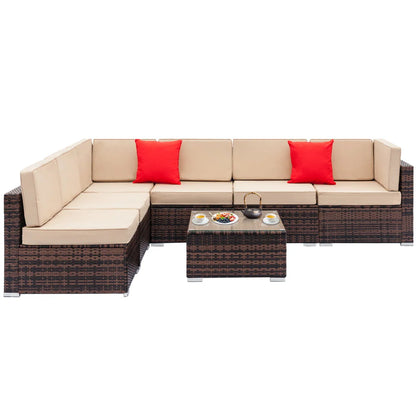 Wicker Patio Sofa Sets, 7 Pieces Outdoor Seating Sets, Lounge Sofa and Tempered Glass Coffee Table, Deck Front Garden Furniture Set, Brown Rattan + Beige Cushion