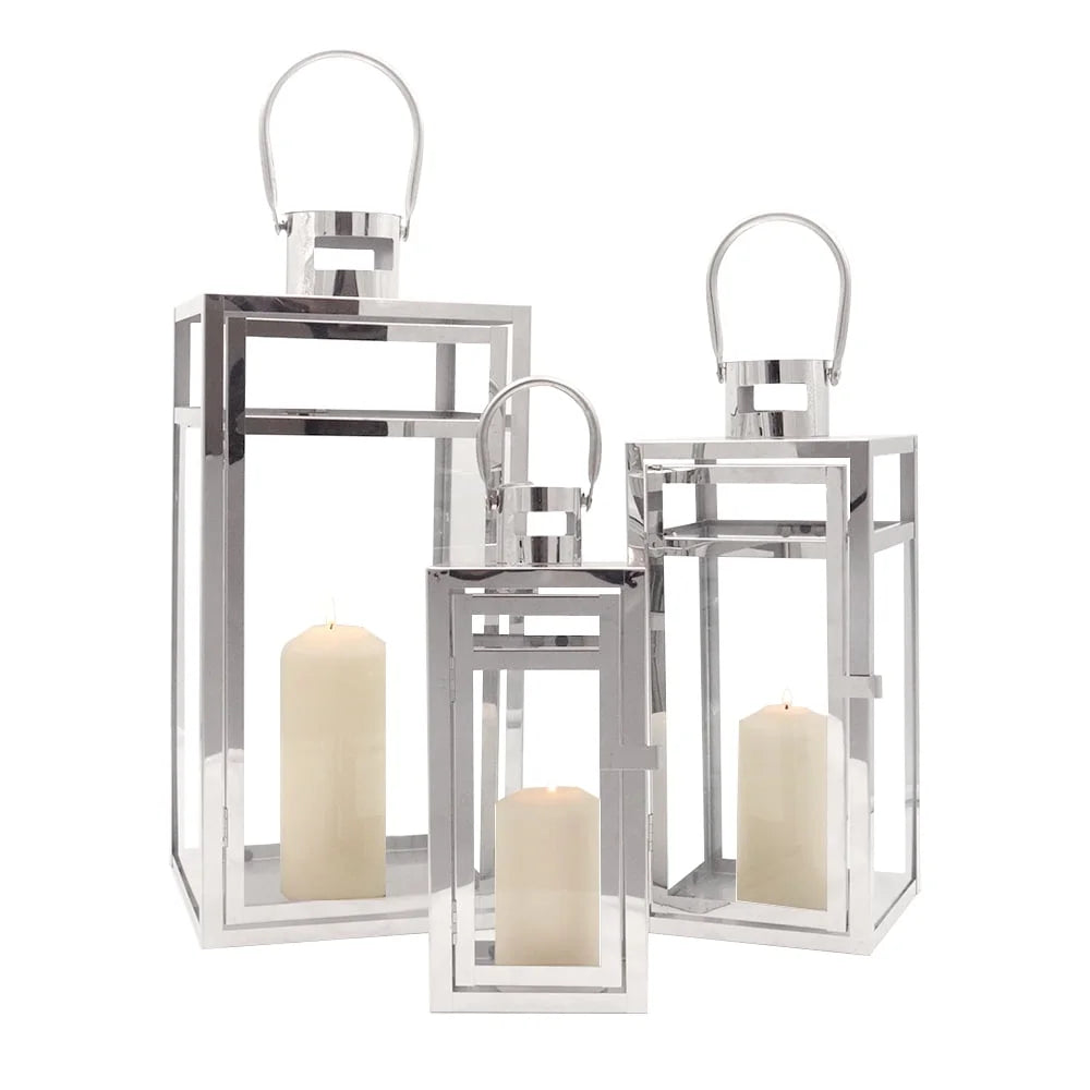 Stainless Steel Lantern Set of 3 12/15/19" Metal Lanterns with Tempered Glass for Parties & Events (Silver )