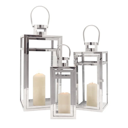 Stainless Steel Lantern Set of 3 12/15/19" Metal Lanterns with Tempered Glass for Parties & Events (Silver )
