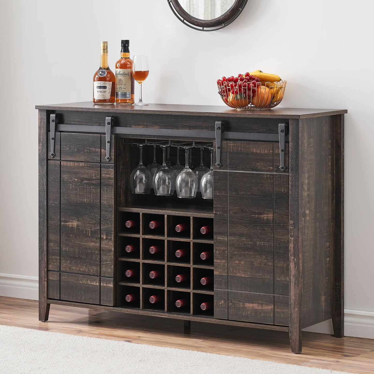 DSstyles 47" Coffee Bar Cabinet w/16 Wine & Glass Rack, Storage Shelves Farmhouse Wine Bar Cabinet w/Sliding Barn Door Rustic Large Buffet Sideboard Cabinet for Dining Room