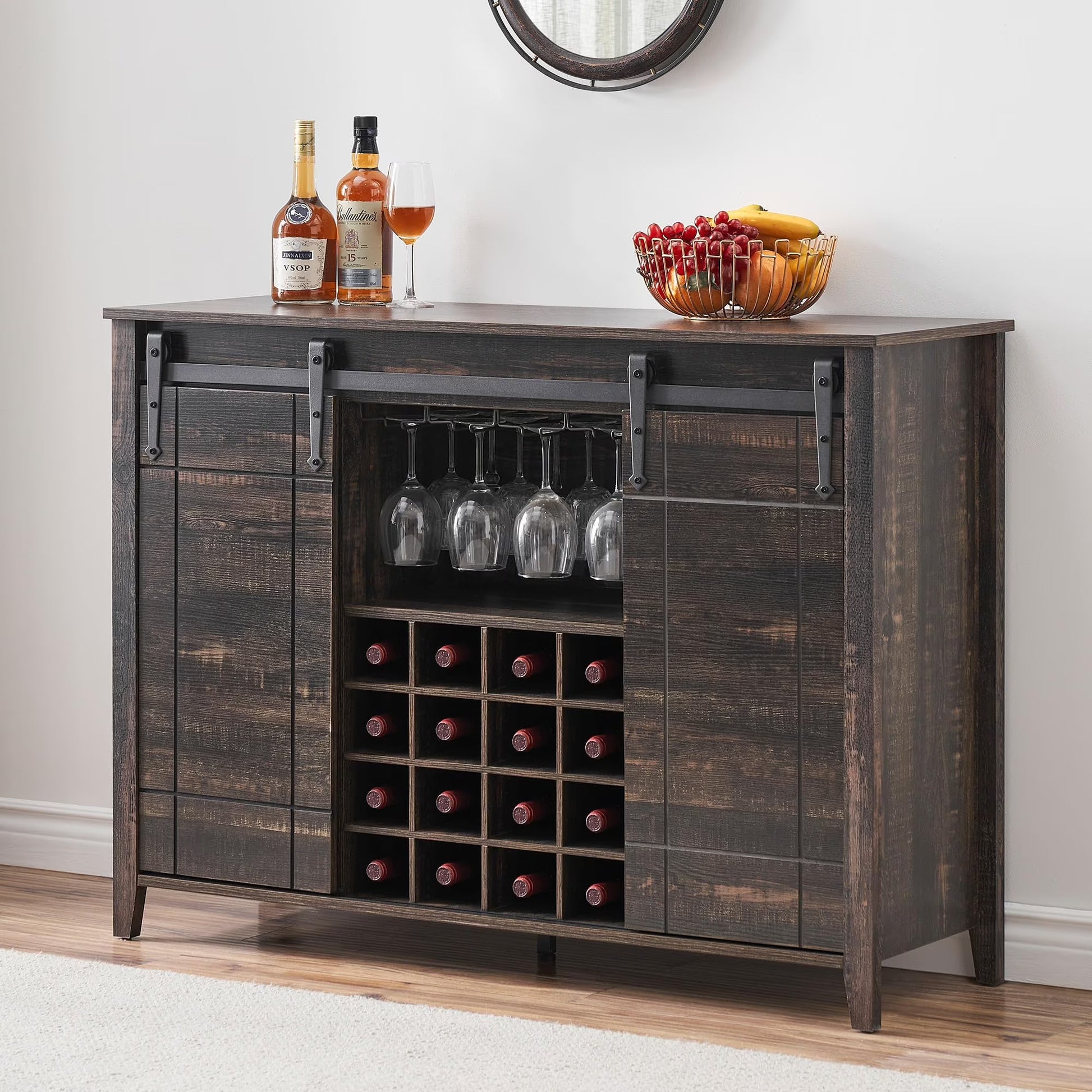 DSstyles 47" Coffee Bar Cabinet w/16 Wine & Glass Rack, Storage Shelves Farmhouse Wine Bar Cabinet w/Sliding Barn Door Rustic Large Buffet Sideboard Cabinet for Dining Room
