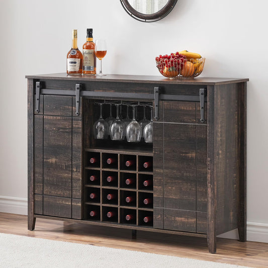 DSstyles 47" Coffee Bar Cabinet w/16 Wine & Glass Rack, Storage Shelves Farmhouse Wine Bar Cabinet w/Sliding Barn Door Rustic Large Buffet Sideboard Cabinet for Dining Room