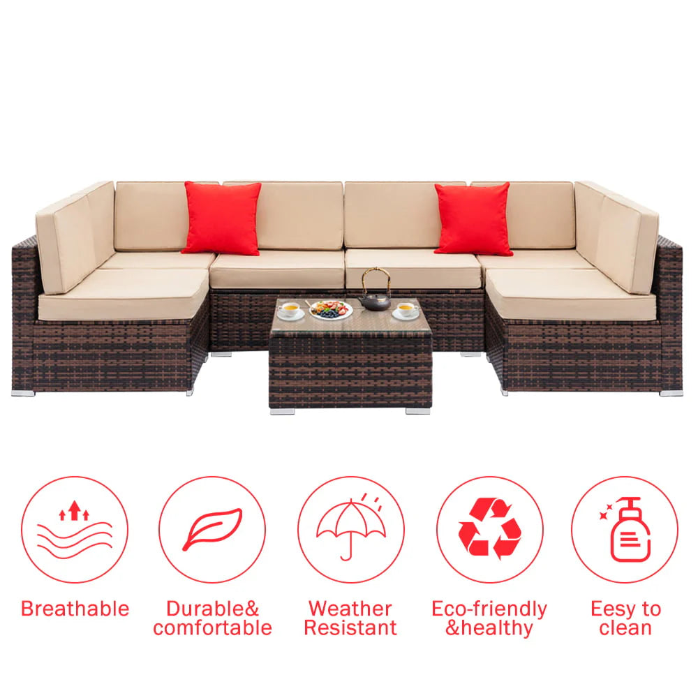 Patio Furniture Sets, 7-Piece Wicker Patio Conversation Furniture Set w/6 Seats, 1PC Tempered Glass Table, 6 Weather-Resistant Cushions, 2 Red Pillows for Backyard Porch Lawn Pool, Q2353