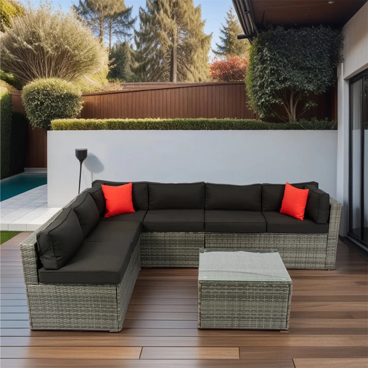 7 Piece Patio Furniture Sets Outdoor Sectional PE Rattan Outdoor Furniture Patio Conversation Set with Cushions and Glass Coffee Table, for Balcony Lawn and Garden, Gray