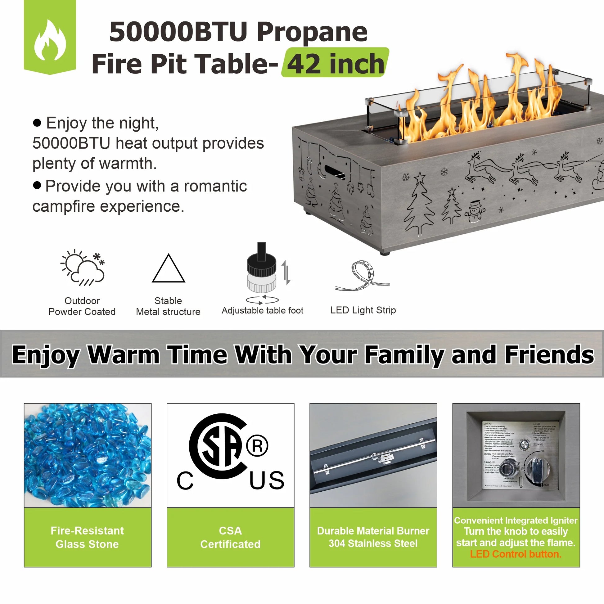 Evita 42" Propane Fire Pits for Outdoor 50,000 BTU Gas Fire Pit Table with Lid ,Glass stone,Windguard Glass,Tank Cover,LED Light Strip