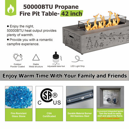 Evita 42" Propane Fire Pits for Outdoor 50,000 BTU Gas Fire Pit Table with Lid ,Glass stone,Windguard Glass,Tank Cover,LED Light Strip