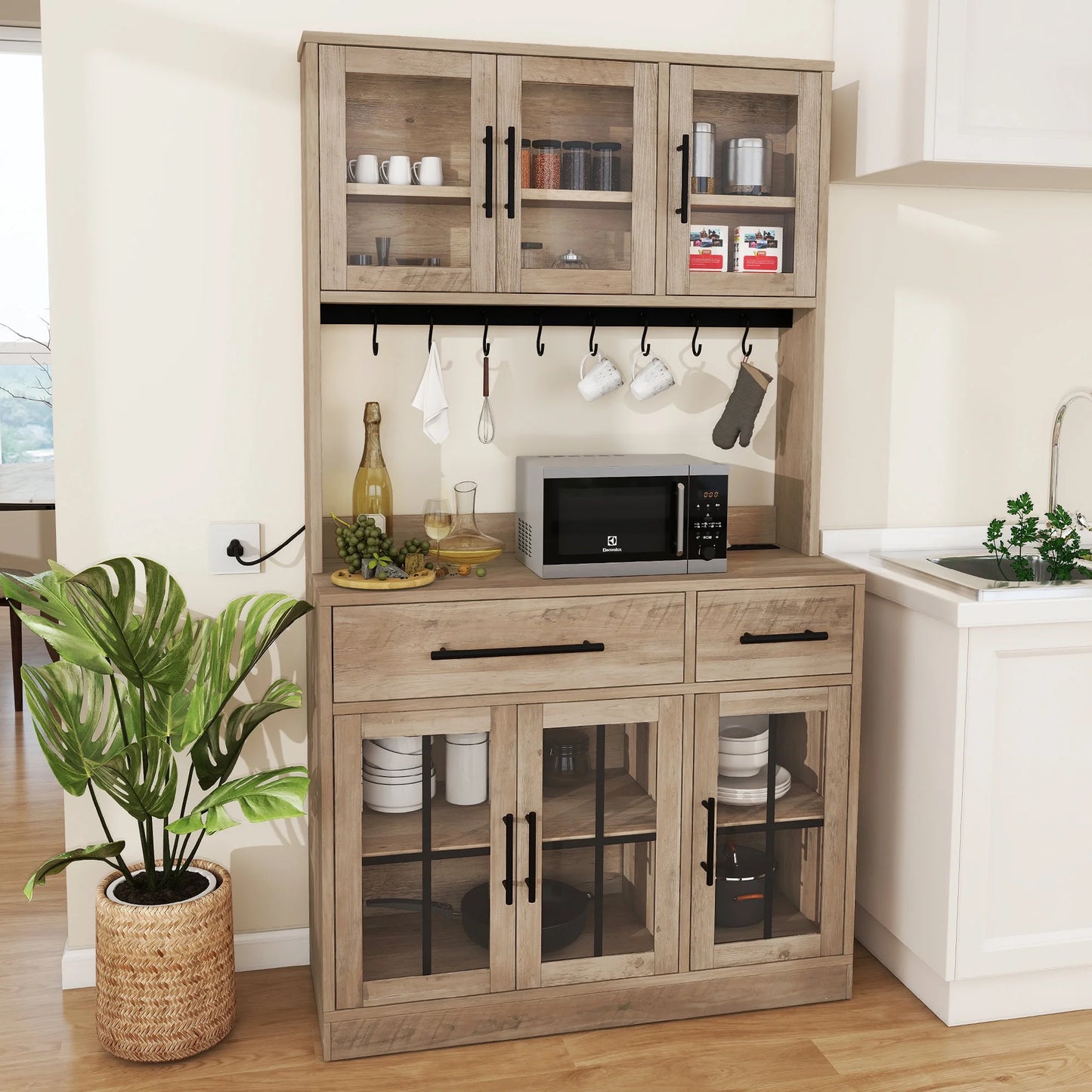 Dextrus 71" Tall Kitchen Pantry Storage Cabinet with Power Outlet, Freestanding Cupboard Storage Buffet Hutch with Microwave Stand, Storage Pantry with Drawers & Glass Doors, Brown
