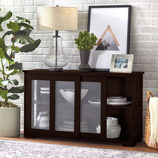 TMS 42° Wide Contemporary Tempered Glass Sliding Door Stackable Dining Room Sideboard, Espresso Brown Finish