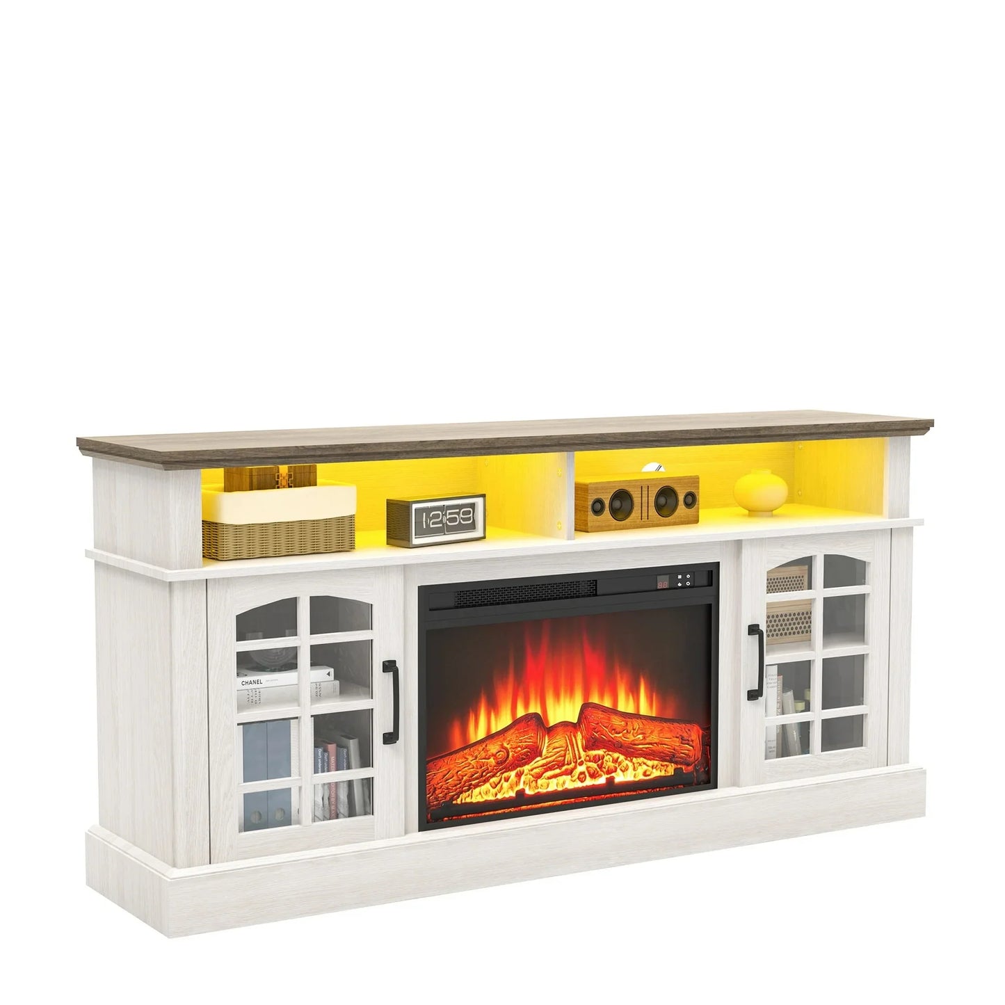 SYNGAR Fireplace Electric TV Stand for 65" TV with LED Light, Modern Entertainment Center With Remote Control Virtual Flame Fireplace, 2 Cabinet Storage, Glass Door, Storage Shelves, Brown