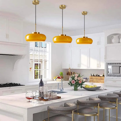 Arturesthome Ceiling Light Fixture Glass Lampshade Pendant Light with Brass Cover Amber Glass Hanging Lamp Vintage Yellow Glass Semi Flush Mount Ceiling Light for Princess Room Cloakroom