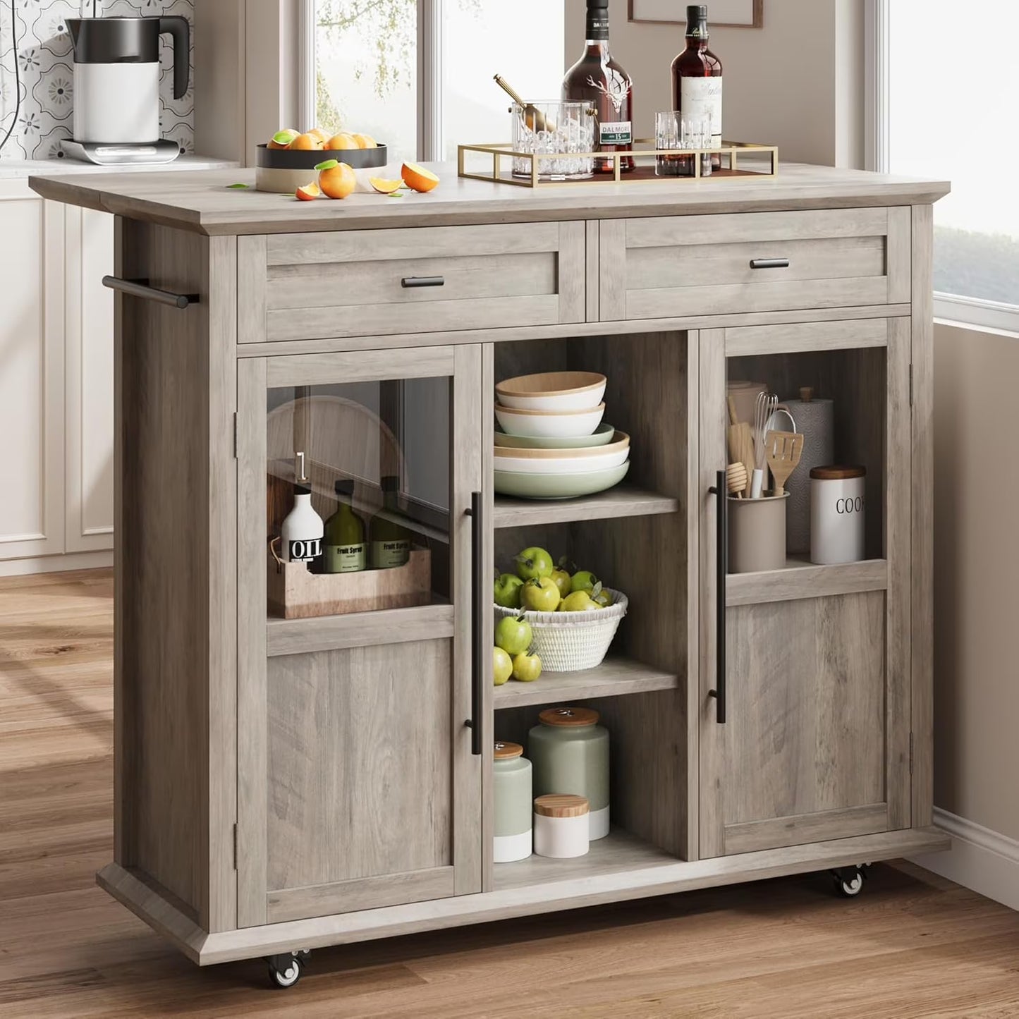 WALYWIK Foldable Kitchen Island Cart with Wheels, 2 Glass Doors, Spice Rack & Towel Holder - Compact Mobile Storage Cart for Small Kitchens, Dining Rooms, Camping & RVs - Grey