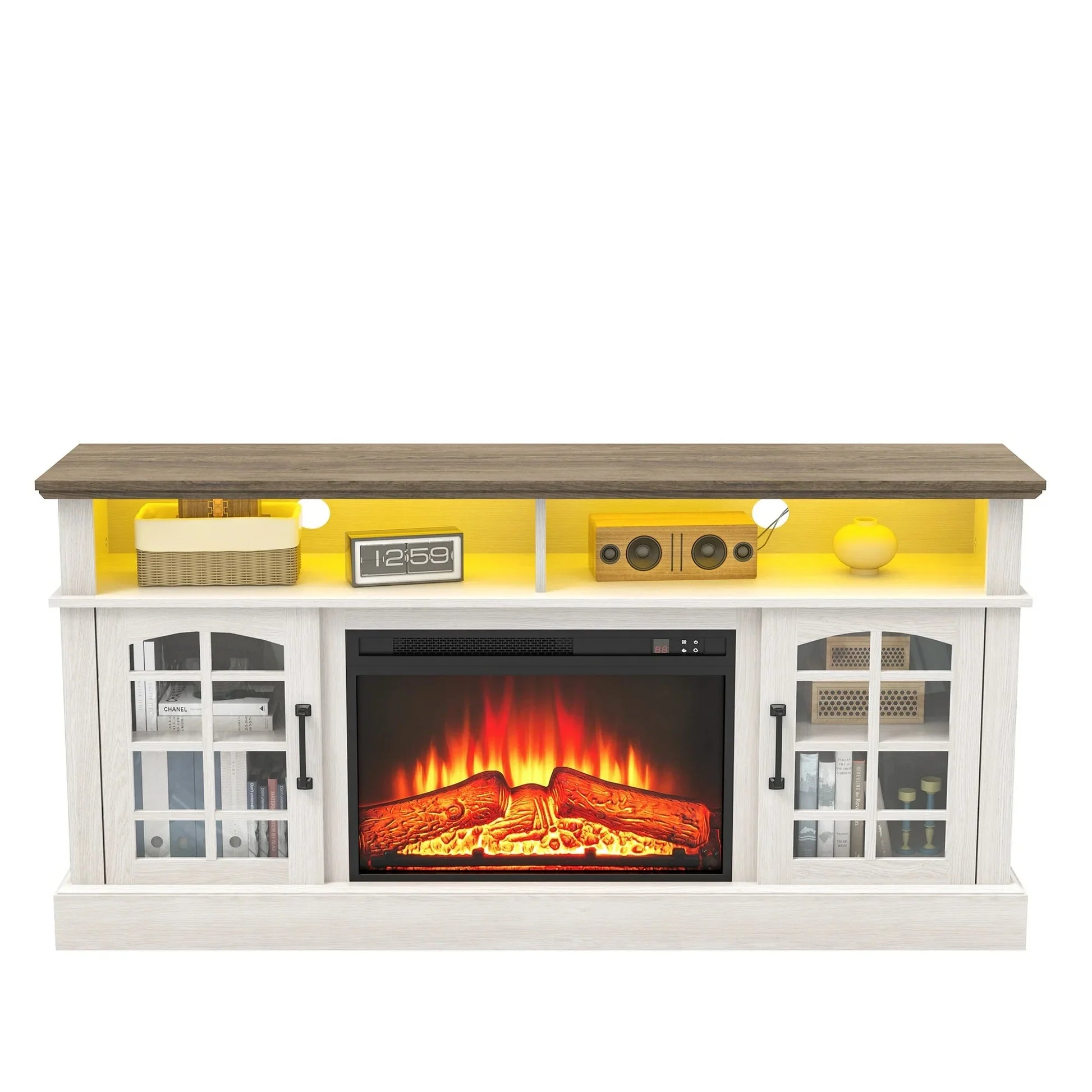 SYNGAR Fireplace Electric TV Stand for 65" TV with LED Light, Modern Entertainment Center With Remote Control Virtual Flame Fireplace, 2 Cabinet Storage, Glass Door, Storage Shelves, Brown