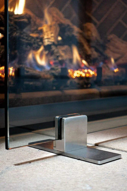 AMS Fireplace | Frameless Glass Fireplace Screen with Stainless Steel Feet | Small (36" x 26") - (Clear Glass, Stainless Steel Feet) - Made in USA