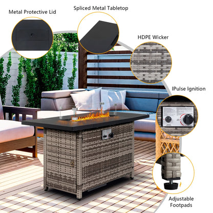 43 in Propane Fire Pit Table, 50,000 BTU Auto-Ignition Fire Pit Table, Gas Fire Pits for Outside with Glass Stone and Waterproof Cover, Grey Rattan, CSA Certification for Garden/Patio/Backyard