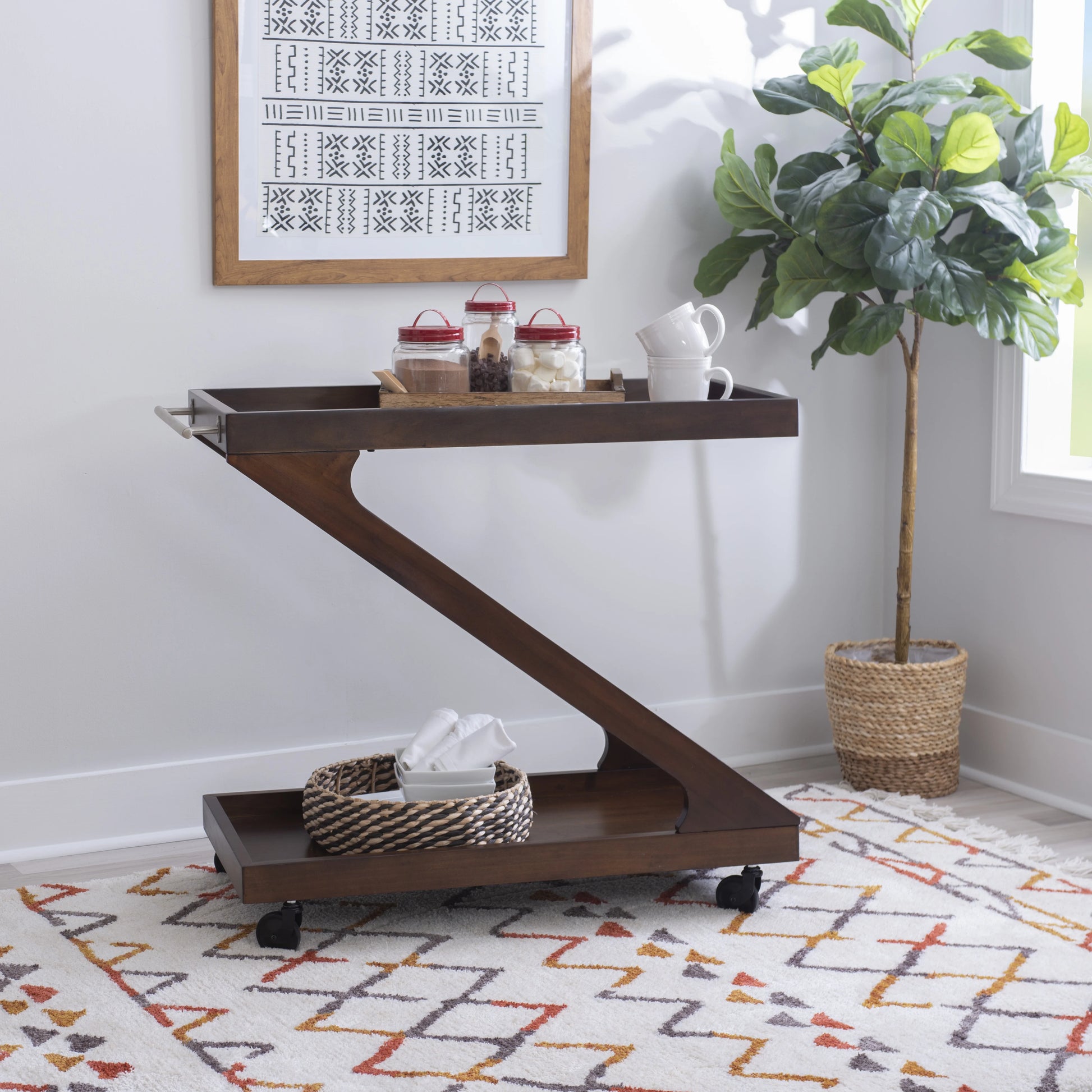 Powell Thornton 2-Tier Z-Frame Rolling Bar Cart with Glass Top, Walnut